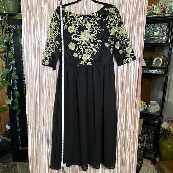 Black & Gold Embroidered Chiffon– 3/4 Sleeve Formal Evening Cocktail Dress Sz XL - Picture 4 of 8
